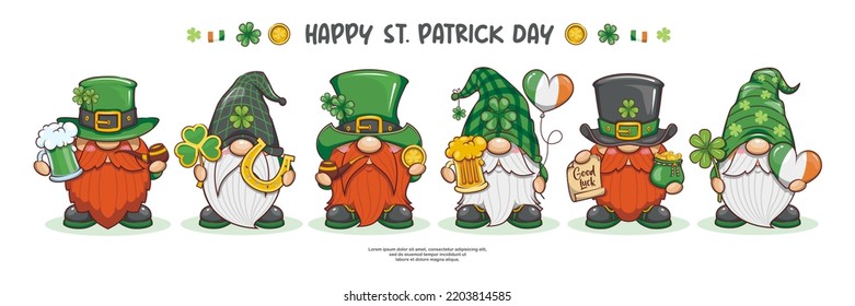 Feliz Día De San Patricio Con Un Gnome Agradable En El Diseño De Pancartas, Carácter De Leprechaun, Ilustración Cuta De Caricaturas