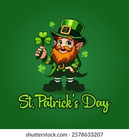 Happy St. Patrick Day With Cute Leprechaun Holding Shamrock On Banner Design. Irish Holiday Character. Cartoon Illustration