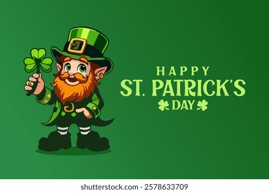 Happy St. Patrick Day With Cute Leprechaun Holding Shamrock On Banner Design. Irish Holiday Character. Festive Cartoon Illustration