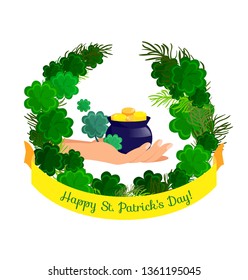 Happy St Patrick Day Flat Greeting card Template. Hand Holding Leprechaun Pot of Gold, Four Leaf Clover Vector Illustration with Lettering. Traditional Irish, Celtic Holiday Isolated Design element