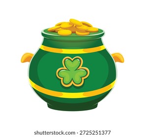 Happy St Patrick Tag grüne Schatzkessel mit Goldmünzen überlaufen. Cartoon Vektor Kobold Topf mit goldenen Griffen mit vier Blatt Shamrock dekoriert. Irische Reize als Symbol für Glück und Glück