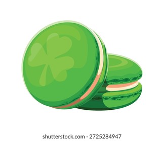 Feliz día de San Patricio macaron verde con relleno de crema y símbolo de trébol. Dibujos animados Vector gourmet de celebración irlandesa, dulce postre francés para celebraciones, que representa el patrimonio y la indulgencia