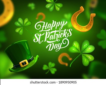 Feliz Día de San Patricio, afiche vectorial de dibujos animados con letras, shamrock, sombrero de leprechaun verde y herradura dorada en fondo borroso. Festival tradicional de Saint Patricks, fiesta celta