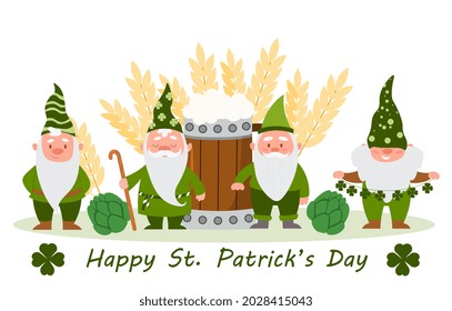 Happy St Patrick Day. Greeting card with gnomes in green clothes, four leaf clover and mug of beer. Design for banners and posters. Cartoon flat vector illustration isolated on white background