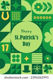 Happy St. Patrick day greeting card. Neo geometric background. Vertical flyer, postcard, header for website. Pattern with green simple shapes. Vector illustration in bauhaus minimalist style.