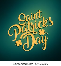 Happy St. Patrick day hand lettering logotype, badge typography. Lettering Patrick day, clover leaf for greeting card, invitation template. Retro, vintage lettering banner on blurred green background