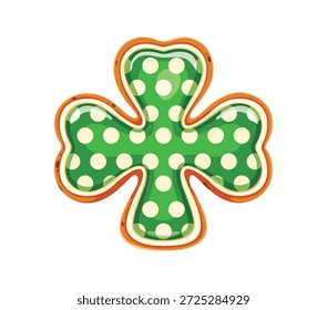 Happy St Patrick Tag Urlaub Shamrock Klee Keks mit Polka Punkte Muster. Cartoon Vektor süß Irland Leckerbissen, Irish Dessert, Gebäck in Form von vier Blatt Klee mit grüner Glasur, Punkte und Kekse