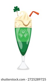 Happy St Patrick Day festlicher grüner Cocktail oder Milchshake in einem hohen Glas, mit Schlagsahne, Shamrock und orangefarbenem Stroh. Cartoon Vektor feierliche Getränke Getränk verkörpert irischen Geist