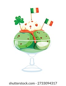 Feliz sorvete de dia de St Patrick com trevo shamrock para sobremesa doce de feriado irlandês, vetor de desenhos animados. Sorvete verde com cookies de bandeira da Irlanda e trevo de caramelo para sobremesa doce de São Patrício