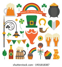 Happy St Patrick day icon set. Saint Patricks festive design elements with leprechaun beard, hat, shamrock, bear, irish ale, lantern, hop, pipe, candies, cauldron of coins, horseshoe and rainbow.