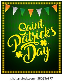 Happy St. Patrick day irish flags hand lettering logotype, badge typography. Lettering Patrick day, clover leaf for greeting card, invitation template. Retro, vintage lettering banner green background