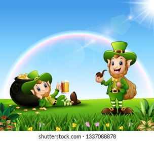 Happy St Patrick day leprechaun celebrate with a pot of gold and a beer