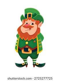Happy St Patrick day leprechaun cartoon character. Vector holiday Irish folklore elf personage with green attire, top hat, red beard and mustaches, standing confidently with cheerful expression