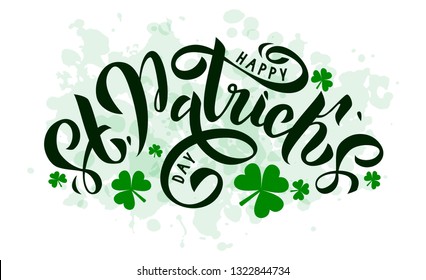Happy St. Patrick Day lettering on light green background with trefoils. Beautiful Vector illustration for greeting card/poster/banner template.