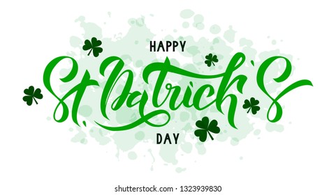 Happy St. Patrick Day lettering on light green background with trefoils. Beautiful Vector illustration for greeting card/poster/banner template.