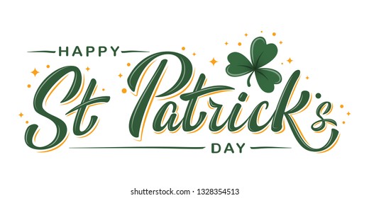 Happy St. Patrick Day lettering poster with green shamrock and orange stars. Irish traditional holiday. For greeting cart, poster, banner, flyer, web pages, social media. Isolated vector illustration