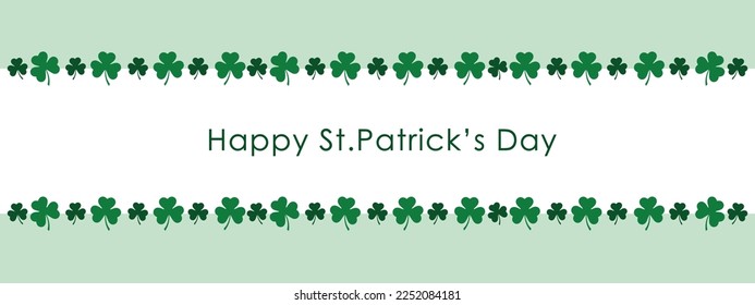 happy st patrick day panoramic greeting card with clover leaf border, green and white vector illustration