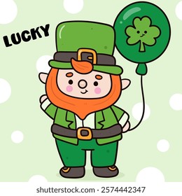 Happy St. Patrick Day party with Cute gnome cartoon elf holding balloon kawaii vector (whimsical characters) illustration. Series: Dwarf fun Leprechaun Lucky clover Shamrock. Elves working magical.