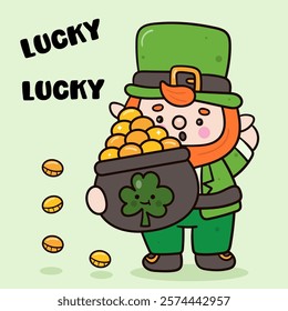 Happy St. Patrick Day party with Cute gnome cartoon elf holding pot of gold kawaii vector (whimsical characters) illustration. Series: Dwarf fun Leprechaun Lucky clover Shamrock. Elves working magical