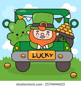 Happy St. Patrick Day party with Cute gnome cartoon elf in truck with pot of gold kawaii vector (whimsical characters) illustration. Series: Dwarf fun Leprechaun Lucky clover Shamrock. Elves working.