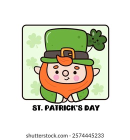 Happy St. Patrick Day party with Cute gnome cartoon elf in window kawaii vector (whimsical characters) illustration. Series: Dwarf fun Leprechaun Lucky clover Shamrock. Elves working magical fantasy