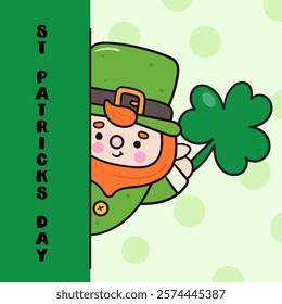 Happy St. Patrick Day party with Cute gnome cartoon elf greeting kawaii vector (whimsical characters) illustration. Series: Dwarf fun Leprechaun Lucky clover Shamrock. Elves working magical fantasy