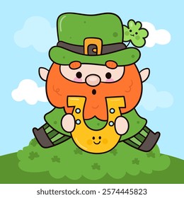 Happy St. Patrick Day party with Cute gnome cartoon elf holding horseshoe kawaii vector (whimsical characters) illustration. Series: Dwarf fun Leprechaun Lucky clover Shamrock. Elves working magical