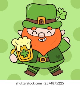 Happy St. Patrick Day party with Cute gnome cartoon elf holding beer celebration kawaii vector (whimsical characters) illustration. Series: Dwarf fun Leprechaun Lucky clover Shamrock. Elves working.