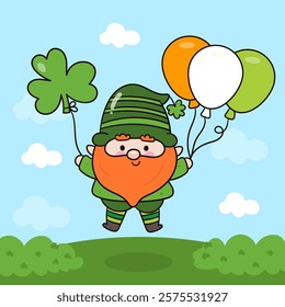 Happy St. Patrick Day party with Cute gnome cartoon elf holding balloon and clover kawaii vector (whimsical characters) illustration. Series: Dwarf fun Leprechaun Lucky clover Shamrock. Elves working.