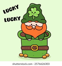 Happy St. Patrick Day party with Cute gnome cartoon elf kawaii vector leprechaun hat (whimsical characters) illustration. Series: Dwarf fun Leprechaun Lucky clover Shamrock. Elves working magical.