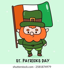 Happy St. Patrick Day party with Cute gnome cartoon elf holding flag kawaii vector leprechaun hat (whimsical characters) illustration. Series: Dwarf fun Leprechaun Lucky clover Shamrock. Elves working