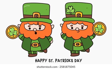 Happy St. Patrick Day party with Cute gnome cartoon elf holding coin kawaii vector leprechaun hat (whimsical characters) illustration. Series: Dwarf fun Leprechaun Lucky clover Shamrock. Elves working