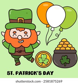 Happy St. Patrick Day party with Cute gnome cartoon elf irish element kawaii vector leprechaun hat (whimsical characters) illustration.Series: Dwarf fun Leprechaun Lucky clover Shamrock. Elves working