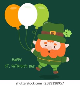 Happy St. Patrick Day party with Cute gnome cartoon elf holding irish balloon kawaii vector leprechaun hat (whimsical characters) illustration. Series: Dwarf fun Leprechaun Lucky clover Shamrock.