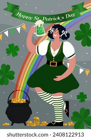 Happy St. Patrick Day Poster. Woman drinks beverage and has fun. Vector flat illustration.