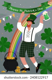 Happy St. Patrick Day Poster. Man drinks beverage and has fun. Vector flat illustration.