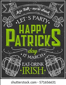 Happy st. Patrick day Poster of Irish holiday with lettering. Drawing for pub, bar menu, st. Patrick day card, t-shirt print. Isolated clover, beer mug on chalkboard. Vector Illustration