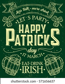 Happy St. Patrick Day Poster Of Irish Holiday With Lettering. Drawing For Pub, Bar Menu, St. Patrick Day Card, T-shirt Print. Isolated Clover, Beer Mug On Chalkboard. Vector Illustration