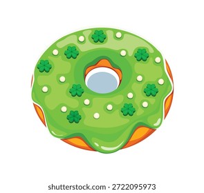 Happy St Patrick day sweet donut with shamrock sprinkles for Irish holiday, cartoon vector. Green cookie dessert for Saint Patrick pastry and holiday patisserie dessert cookie with shamrock clovers