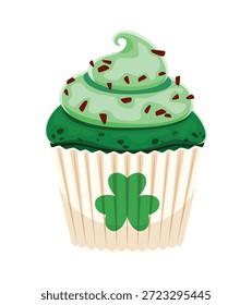 Happy St Patrick Day sweet cupcake with shamrock clover for Irish holiday, cartoon vector. Green muffin dessert or cupcake with sweet cream for Saint Patrick pastry and holiday dessert cookies