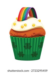 Happy St Patrick Day süßen Cupcake mit Regenbogen oder Muffin Kuchen mit Klee, Cartoon Vektor. Irish Urlaub oder Saint Patrick Tag süße Dessert oder grünen Muffin Cupcake mit Regenbogen Karamelll und Kekse