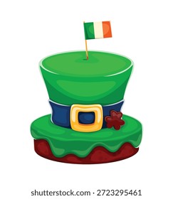 Feliz día de San Patricio dulce postre de Leprechaun sombrero pastel para vacaciones irlandesas, Vector de dibujos animados. Postre de la galleta con la bandera de Irlanda y el trébol dulce del trébol del trébol del chocolate para el saludo de las vacaciones del día de San Patricio