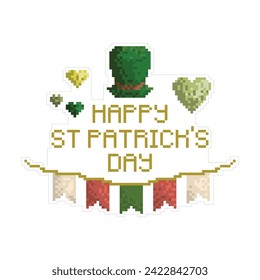 Happy St Patrick Day vector illustration. Flags, hearts, leprechaun hat. Pixel art sticker