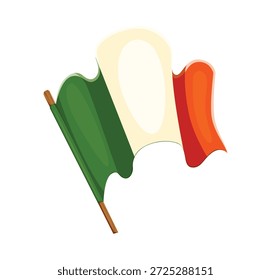 Feliz día de San Patricio ondeando la bandera irlandesa en colores verde, blanco y naranja en un poste de madera que simboliza Irlanda. Anuncio nacional Vector que simboliza la cultura, la tradición y el patriotismo, para ocasiones festivas