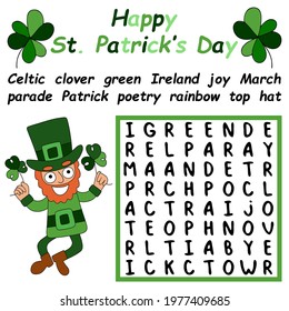 Happy St Patrick Day word search puzzle for kids vector illustration. Find eleven hidden English words in puzzle. Educational game for kids with cartoon hand-drawn Saint Patrick in green costume