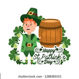 happy st patrick man with barrel and clovers
