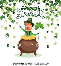 happy st patrick man in the gold coins inside cauldorn and clovers
