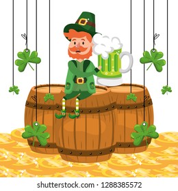 happy st patrick man with green beer on barrels with coins and clovers