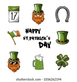 Happy St. Patrick s Day vector illustration icon set. Traditional irish symbols in modern flat style. Design elements for Irish poster, banner.
