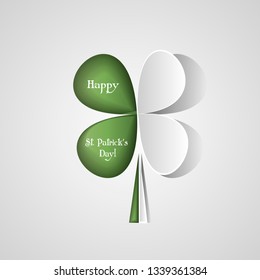 Happy St Patrick s Day Vector background with Clover. Lucky spring symbol. Trendy paper cut style. Cut-out from paper Shamrock shape